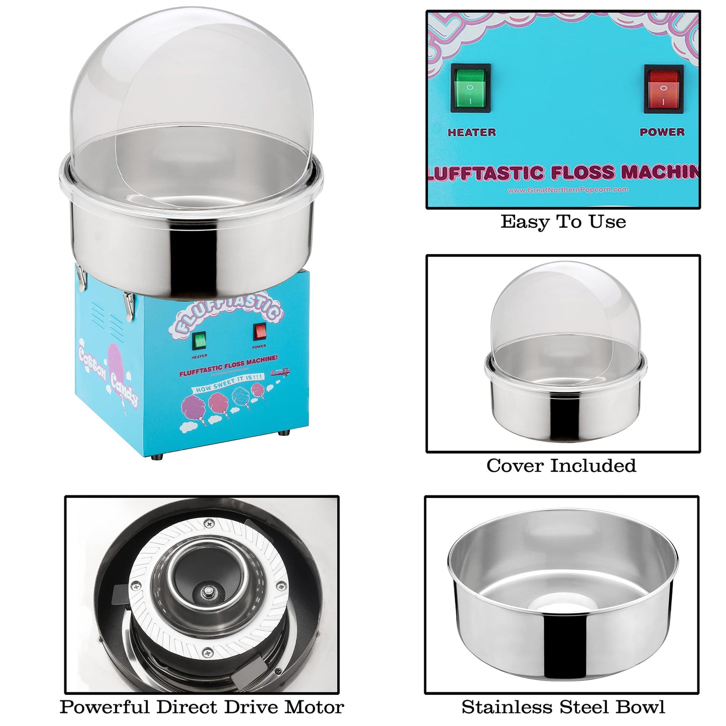 Cotton Candy Machine – Flufftastic 1000W Floss Maker with Dome Shield and Stainless-Steel Pan – Party Treat Maker by Great Northern Popcorn (Blue)