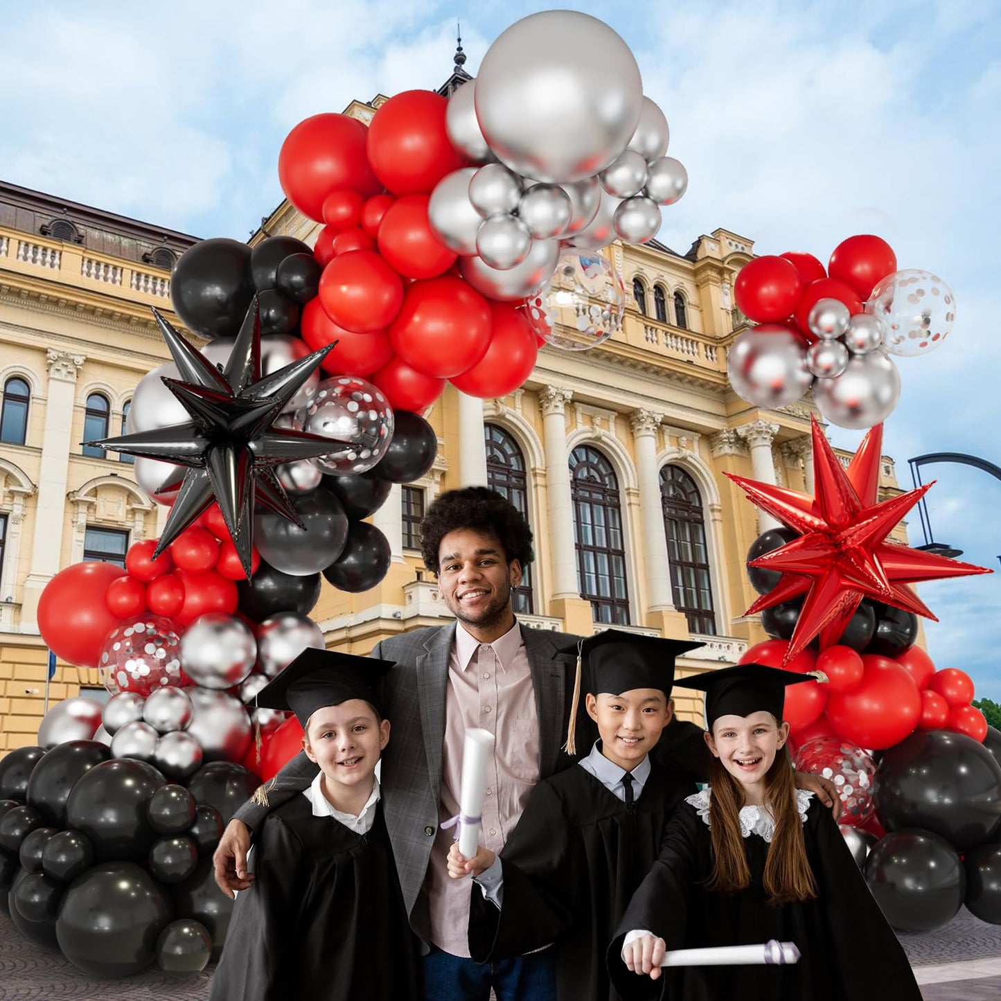 Red and Black Balloon Garland Arch Kit, 146pcs Red Black and Metallic Silver Balloons with Exploding Star Foil Balloons for Graduation Birthday Party Decorations