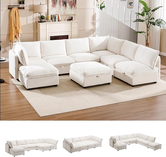 FIRLZY Oversized Modular 8 Seater Sofa with Removable Covers and Storage, Convertible U, L-Shaped and Sleeper Sectional, Modern Corduroy Couches with Ottoman Chaise for Living Room, White