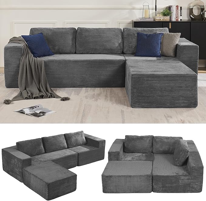 Furnify 106" Modular Sectional Sofa with L-Shape Chaise, Right/Left Facing Deep Seat Cloud Couch, No Assembly Required, Upholstered Couch for Living Room Bedroom (Plush Corduroy Fabric, Grey)