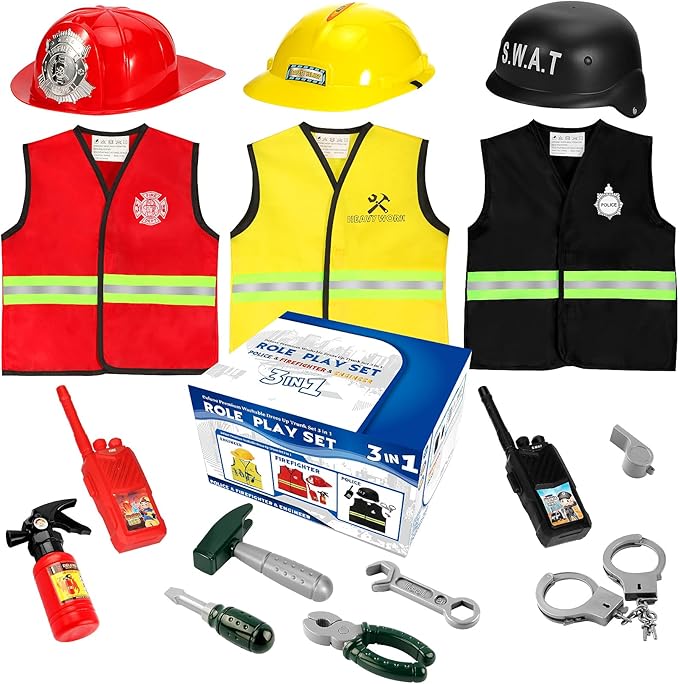 Cocojeci Boys Dress up Trunk Costumes Set,15pcs Pretend Role Play Set Fireman, Police, Construction Worker Costume with Ac...