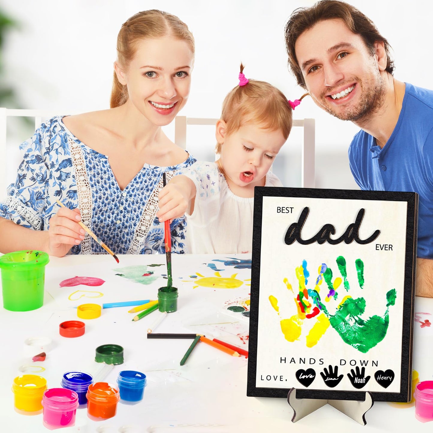 GTYRERO 12'' Best Dad Ever Hands Down Craft Kit Gifts Ideas for Dad, DIY Handprint Art Craft Frame with Paints & Accessories Wood Family Sign Keepsake for Grandpa Stepdad Daddy Papa Birthday Gifts