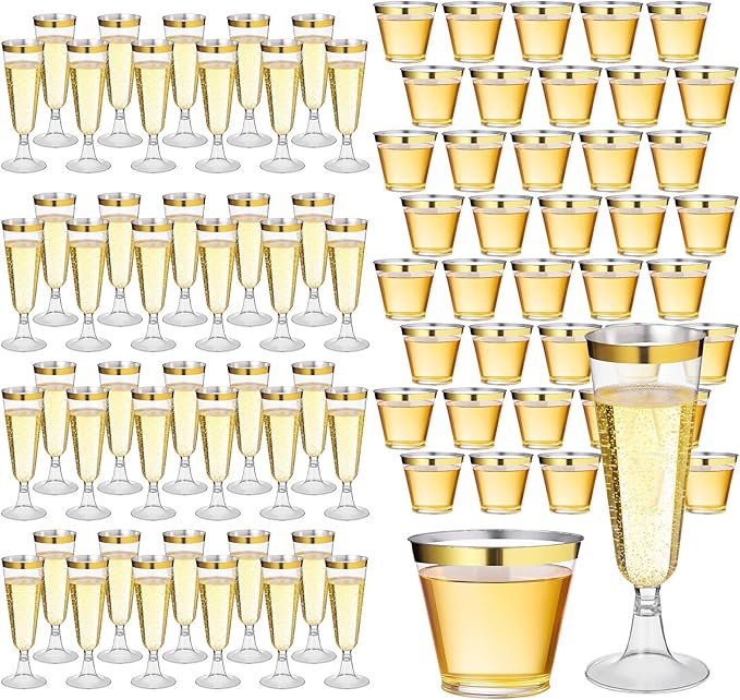 Potchen 160 Pack Champagne Flute and Clear Plastic Cup, 60 Pcs 5 oz Champagne Wine Glasses Disposable 100 Pcs 9 oz Hard Dr...