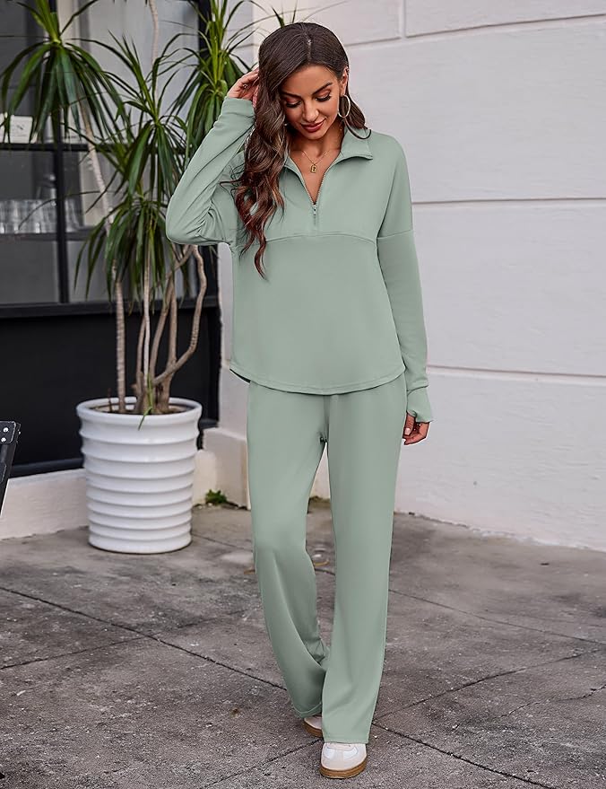 Totatuit Womens Sweatsuits 2 piece Set Lapel Half Zip Lightweight Sweatshirts and Wide Leg Pants Tracksuit Lounge Sets