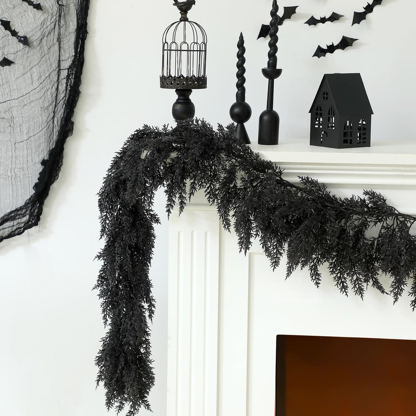Dingion Black Artificial Cedar Garland - 9 ft Halloween Faux Cedar Pine Hanging Party Decoration Halloween Realistic Garland for Home, Mantle & Fireplace