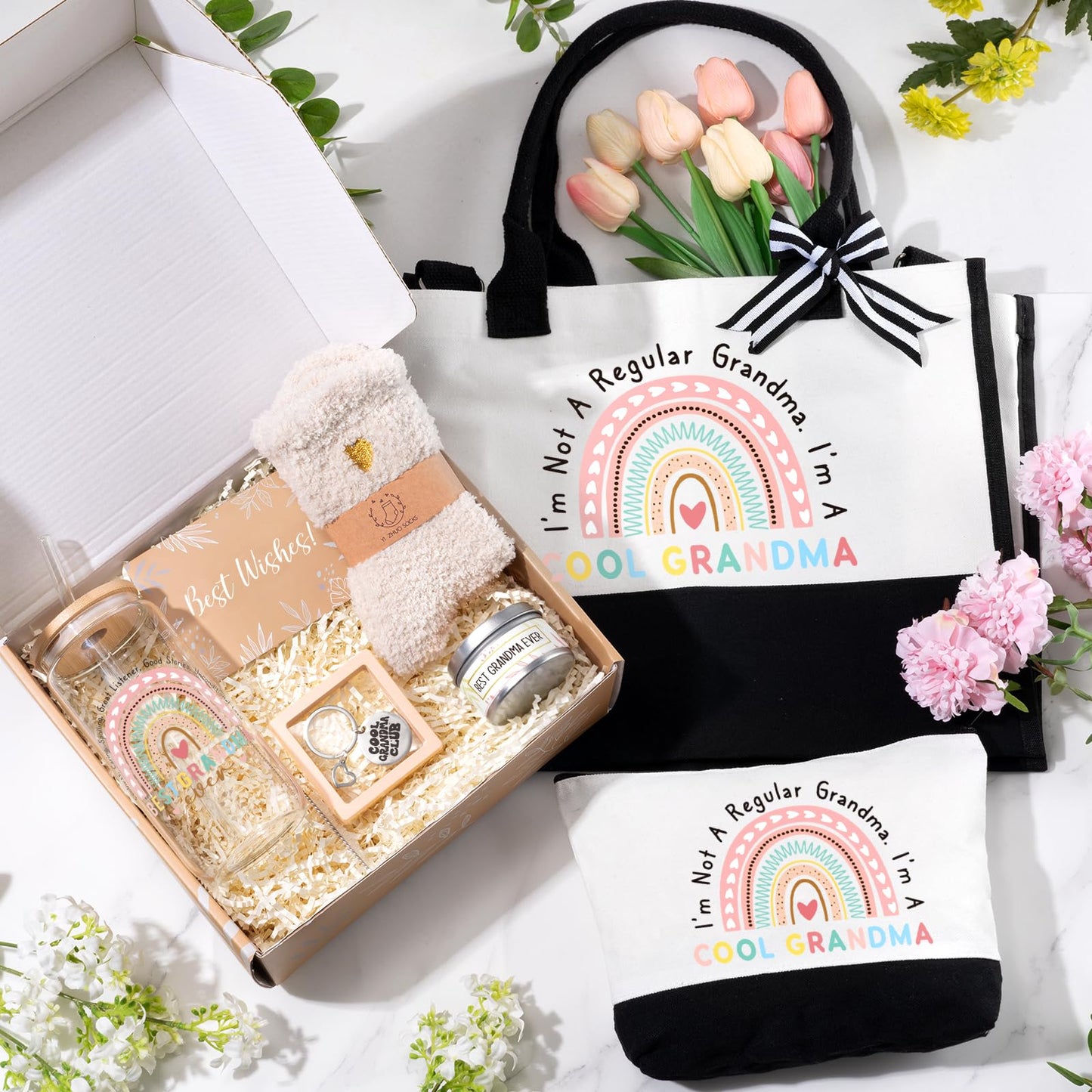 iAOVUEBY Grandma Gifts for Women Birthday Mothers Day Gifts Set from Granddaughter Grandson Grandchildren, Canvas Tote Bag Gift Basket Thanksgiving Ideas Gift for Grandmother