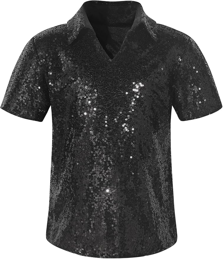 Spring&Gege Boys' Short Sleeve Sparkle Sequins Polo Shirts V-Neck Shiny T-Shirt (4-12 Years)