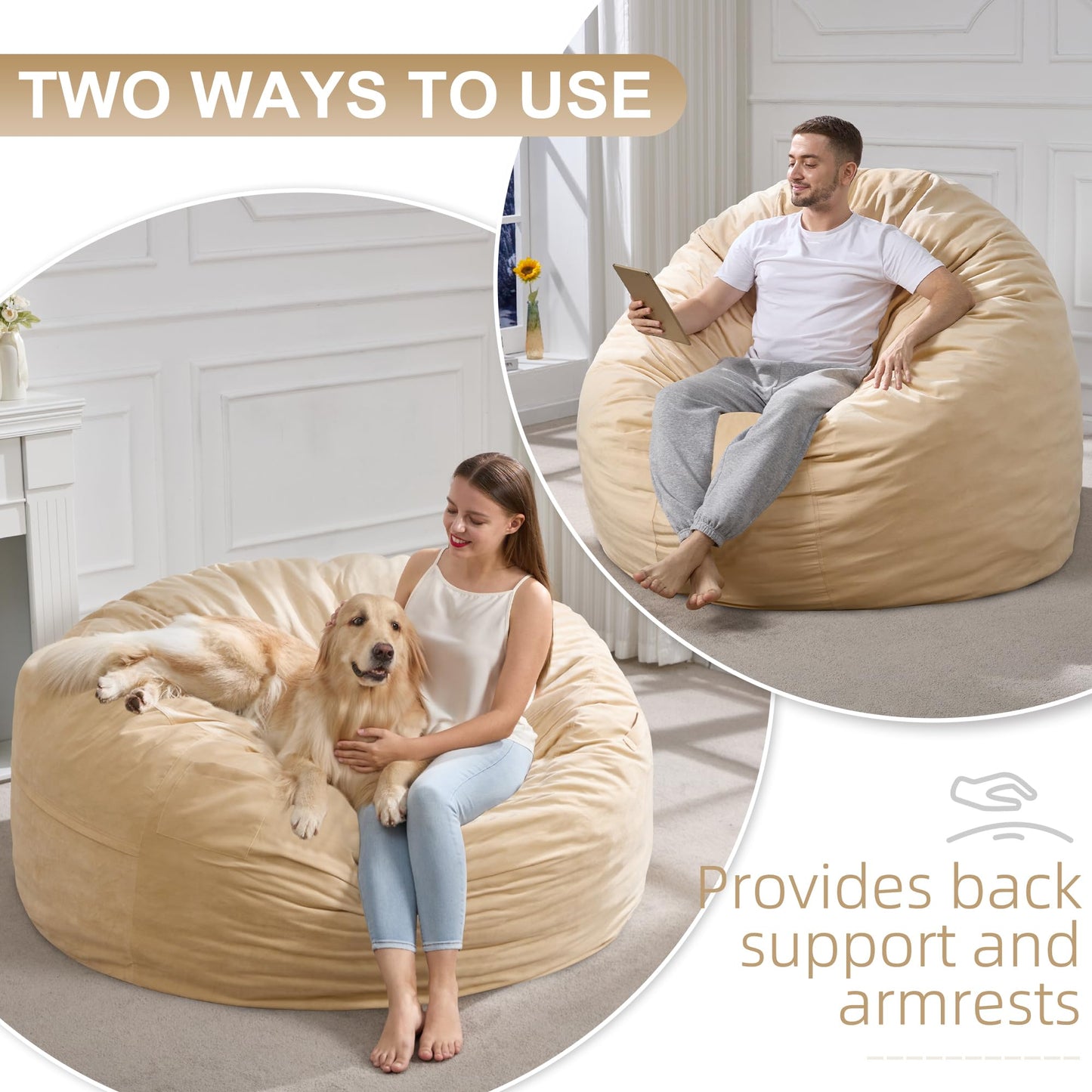 Hobestluk 5FT Bean Bag Chair Giant Bean Bag Chairs for Adults Large Bean Chairs with Removable Cover, Beanbag Chair with Filler, Adult Bean Bag Chairs for Living Room, Bedroom