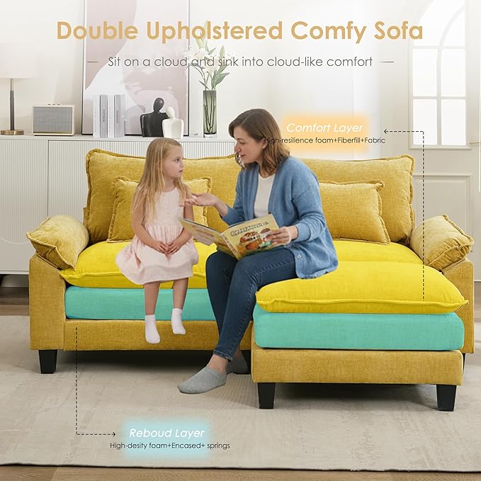 URRED Cloud Couch Modular Sectional Sofa, 87" Modern L Shaped Deep Seat Sofa with Ottoman & Pillows, Ultra Comfy Chenille Couches for Living Room, Bedroom or Apartment, Yellow