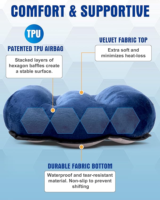 Kampair Ultralight Inflatable Camping Pillow for Sleeping – Soft Velvet Cover, Compact & Portable, Ergonomic Neck Support, Machine Washable Air Pillow, Perfect for Travel, Hiking, Backpacking – Blue
