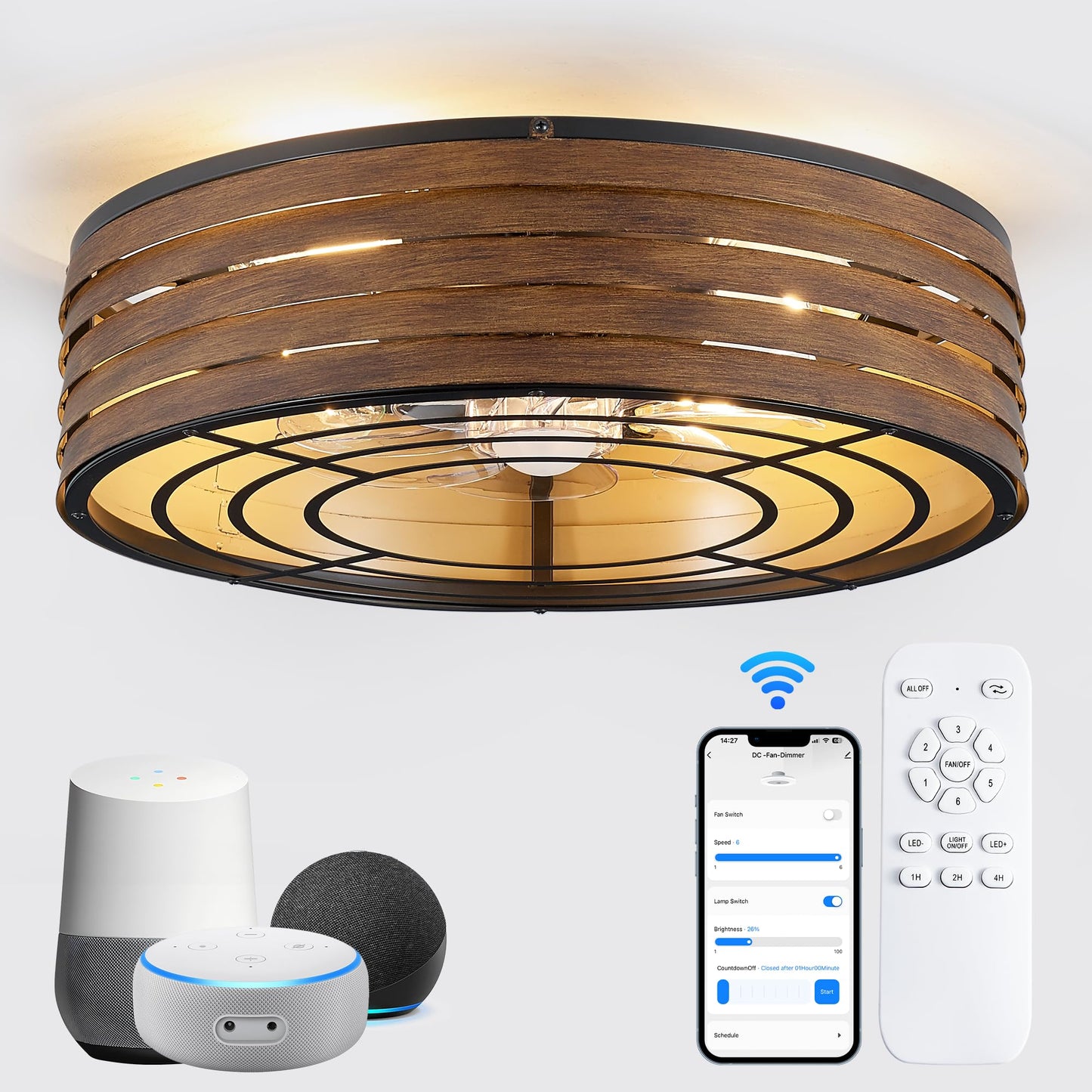 20 Flush-Mount Smart Ceiling Fan With Dimmable-Light And Memory Remote App/Alexa Control, Reversible-Motor, Perfect For Bedroo