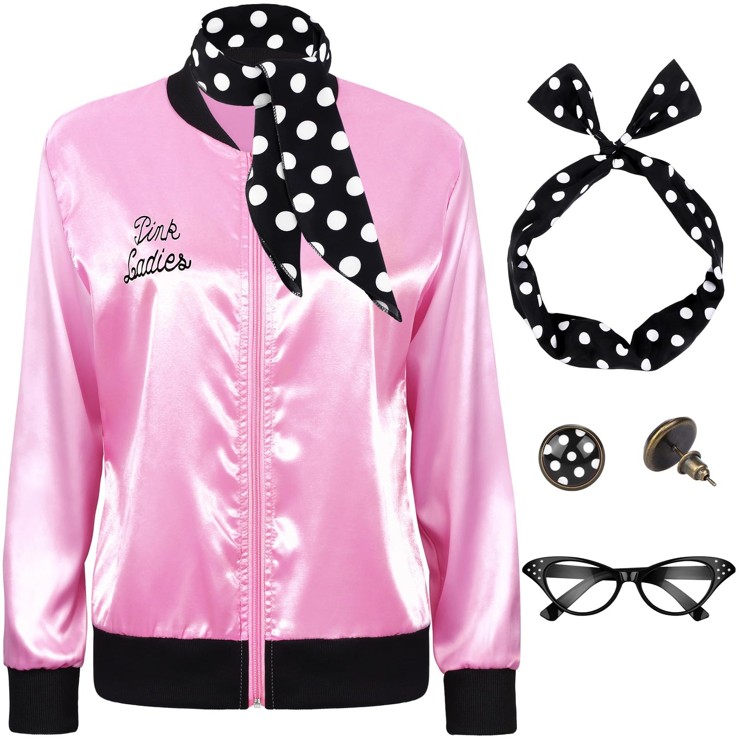 SOMSOC 5 Pieces 1950s Women Pink Satin Jacket with Polka Dot Scarf Headband Earrings Eye Glasses Halloween Party Costume Set
