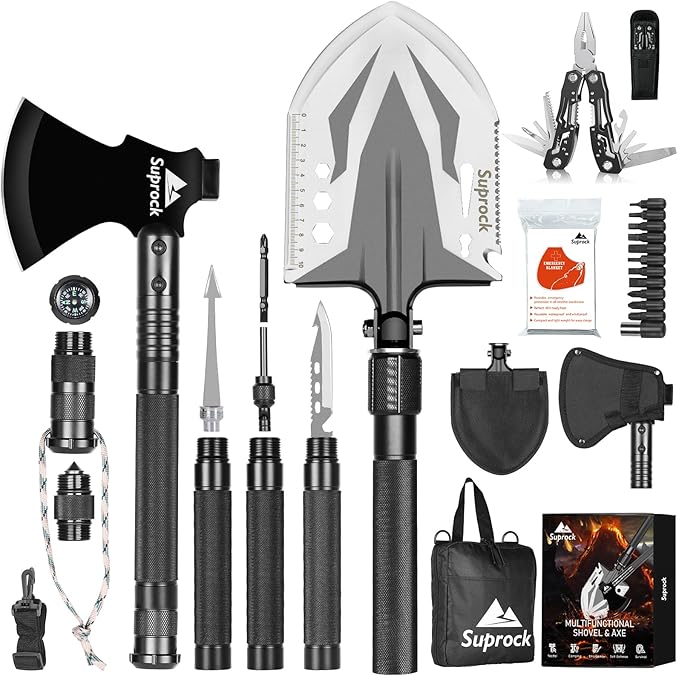 Suprock Survival Shovel High Carbon Steel Tactical Shovel Axe Folding Entrenching Tool Camping Hiking Shovel Carrying Pouc...