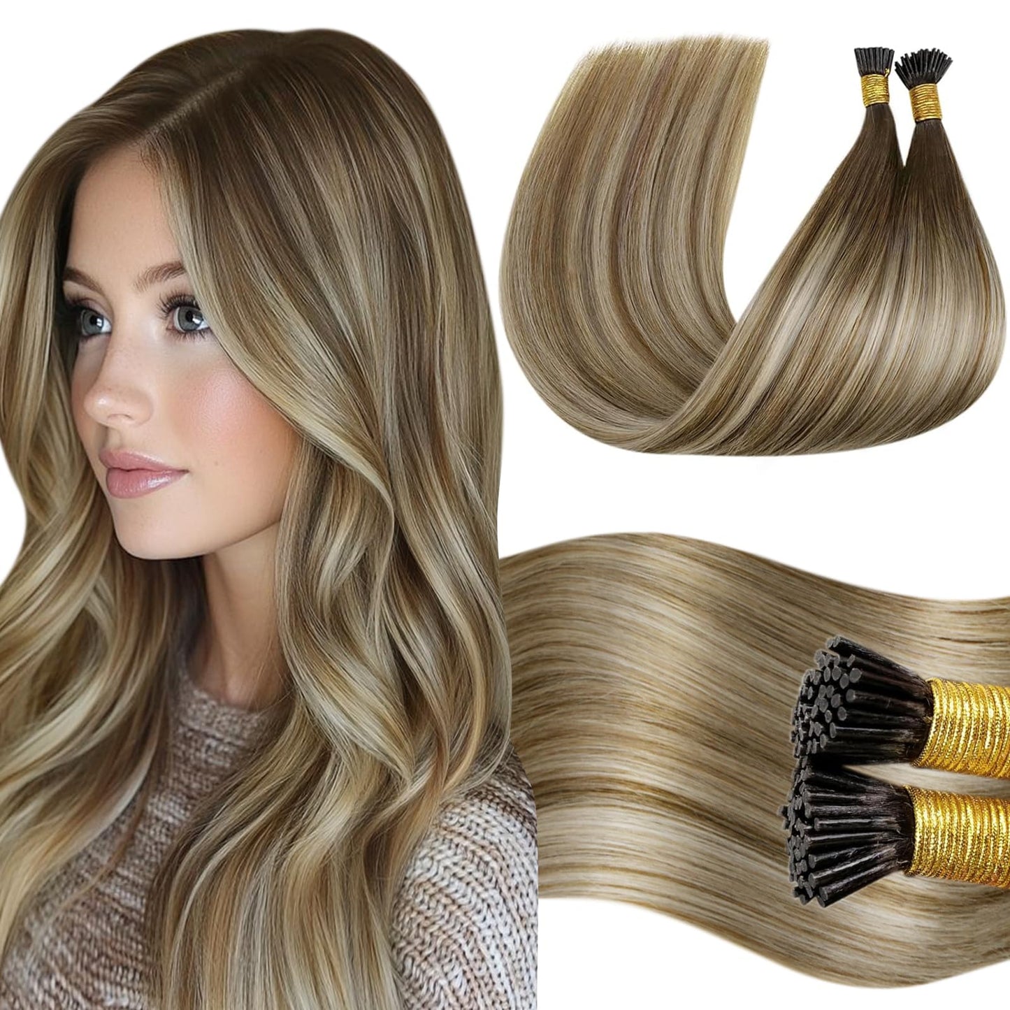 LaaVoo I Tip Hair Extensions Human Hair Balayage Brown to Medium Brown with Blonde Itip Human Hair Extensions 80s Ombre Human Ha