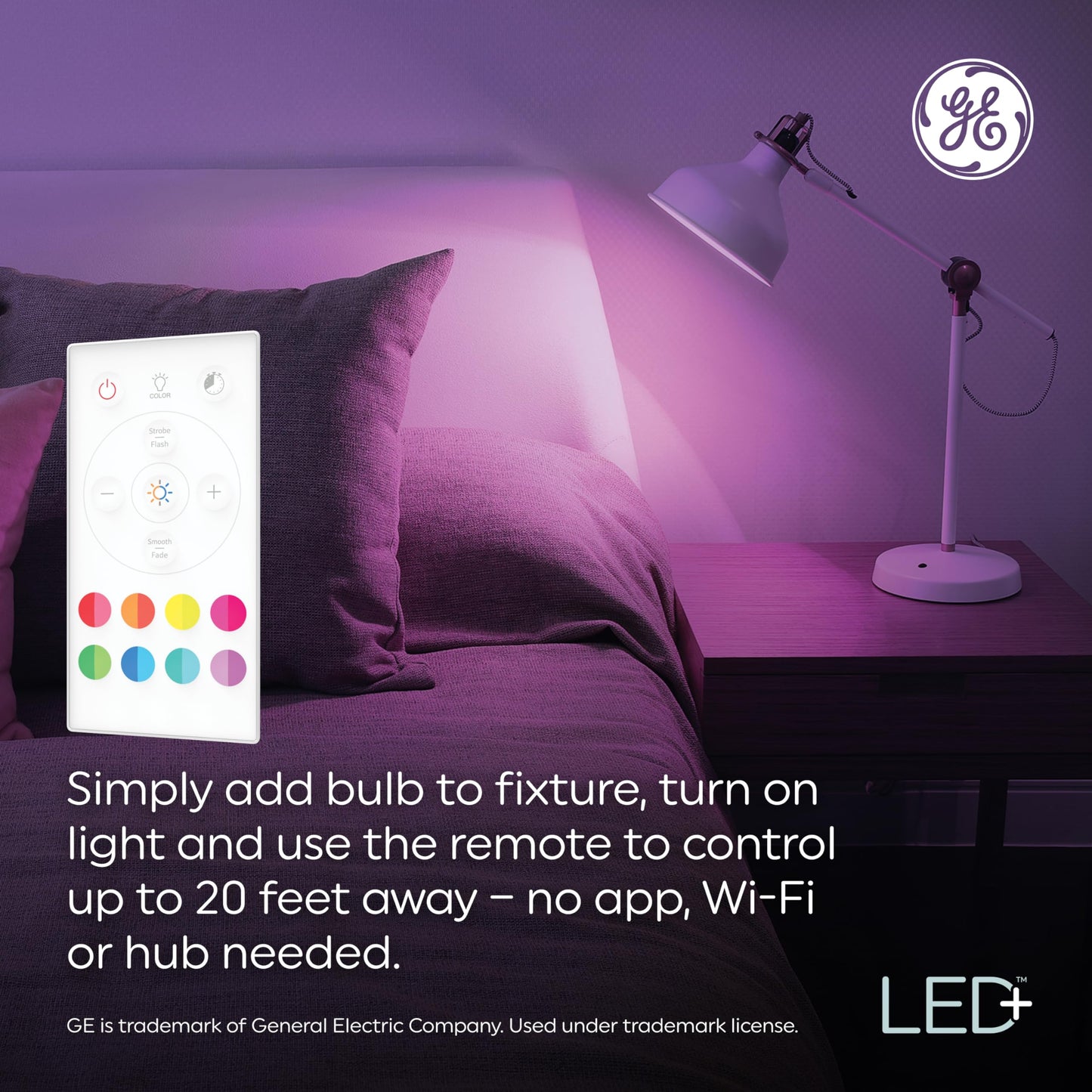 GE LED+ Color Changing LED Light Bulbs with Remote, No App or Wi-Fi Required, A19 Bulbs, CA Compliant (2 Pack)