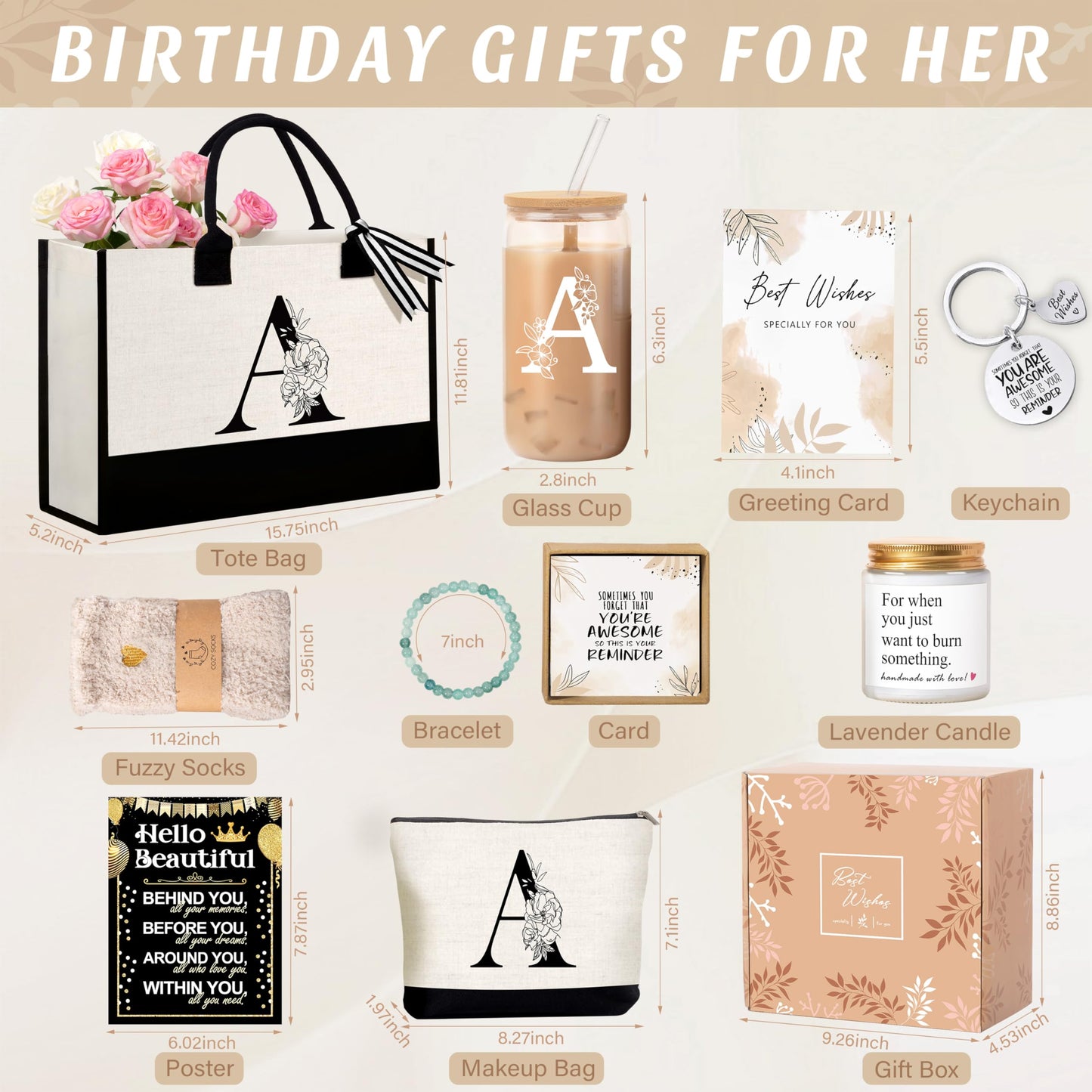 Birthday Gifts for Women, Monogrammed Initial Gift for Teacher Wife Mom, Tote Bag,Glass Cup Gift Basket Personalized Christmas Mother's Teacher Appreciation Day,A