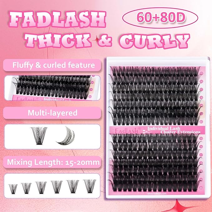 FADLASH Lash Extension Kit 60D+80D Lash Clusters D Curl Lash Cluster Kit DIY Eyelash Extension Kit with Lash Bond and Seal Lash Applicator Tool fluffy Cluster Lashes(60+80D Kit, Mix 15-20mm)