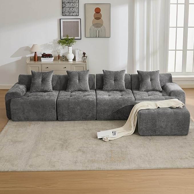 YAAREE 101.65” Modular Sectional Couch for Living Room, Modren L-Shape Cloud Sectional 3-Seater Sofa with Movable Ottoman, Woven Texture Upholstery Boneless Couch, No Assembly Grey