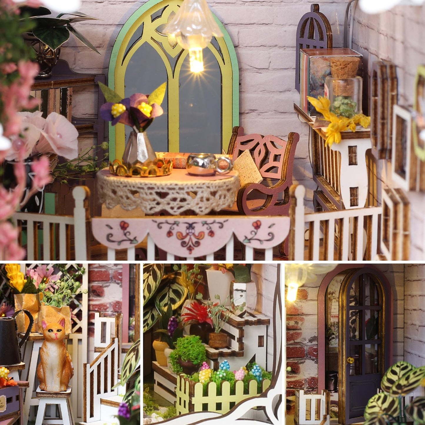 TuKIIE DIY Book Nook Miniature Kit, Booknook Dollhouse Bookshelf Insert with Sensor Light & Dust Proof, Wooden Decorative Bookend Stand Model Kits for Kids Teens Adults(Flower House)