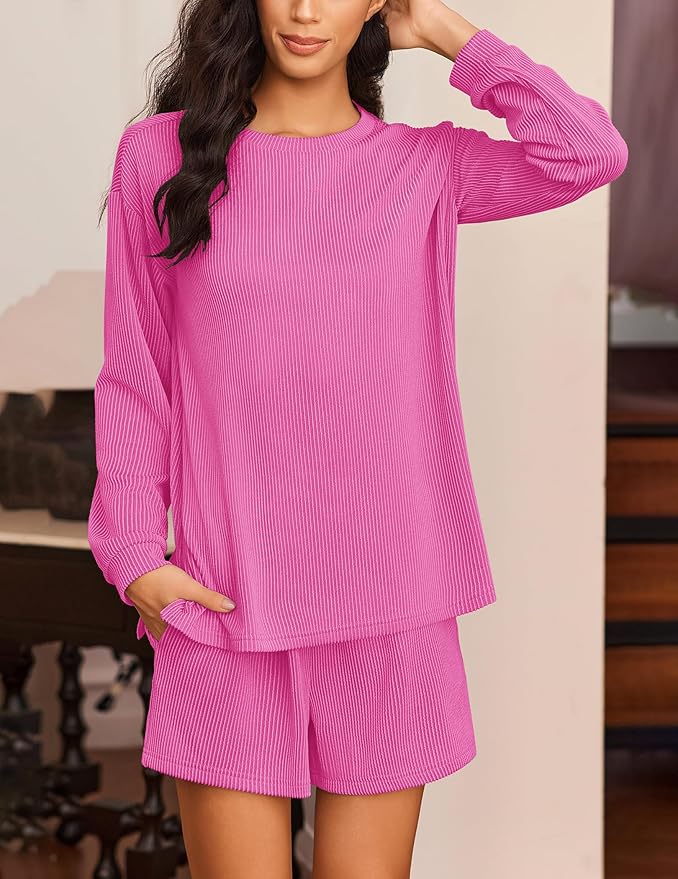 Ekouaer 2 Pieces Lounge Set for Women Long Sleeve Pajamas Top and Shorts Matching Sets Outfits with Pockets