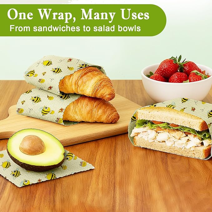 Reusable Beeswax Wraps For Foods, Cheese, Sandwich & Bread- 13 x 39'' Cut to Size - Eco-Friendly Food Storage Alternative to Plastic Wrap & Cheese Paper (Bee Pattern001, 13x39'')