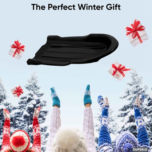 Superio Toboggan Snow Sled- 46” Plastic Open Back Sled for Kids and Adults- Heavy Duty Sled with Hole for Pull Ropes (Ropes Excluded) for Downhill Sledding, Winter Outdoor Sports, (Red, Green, Black)