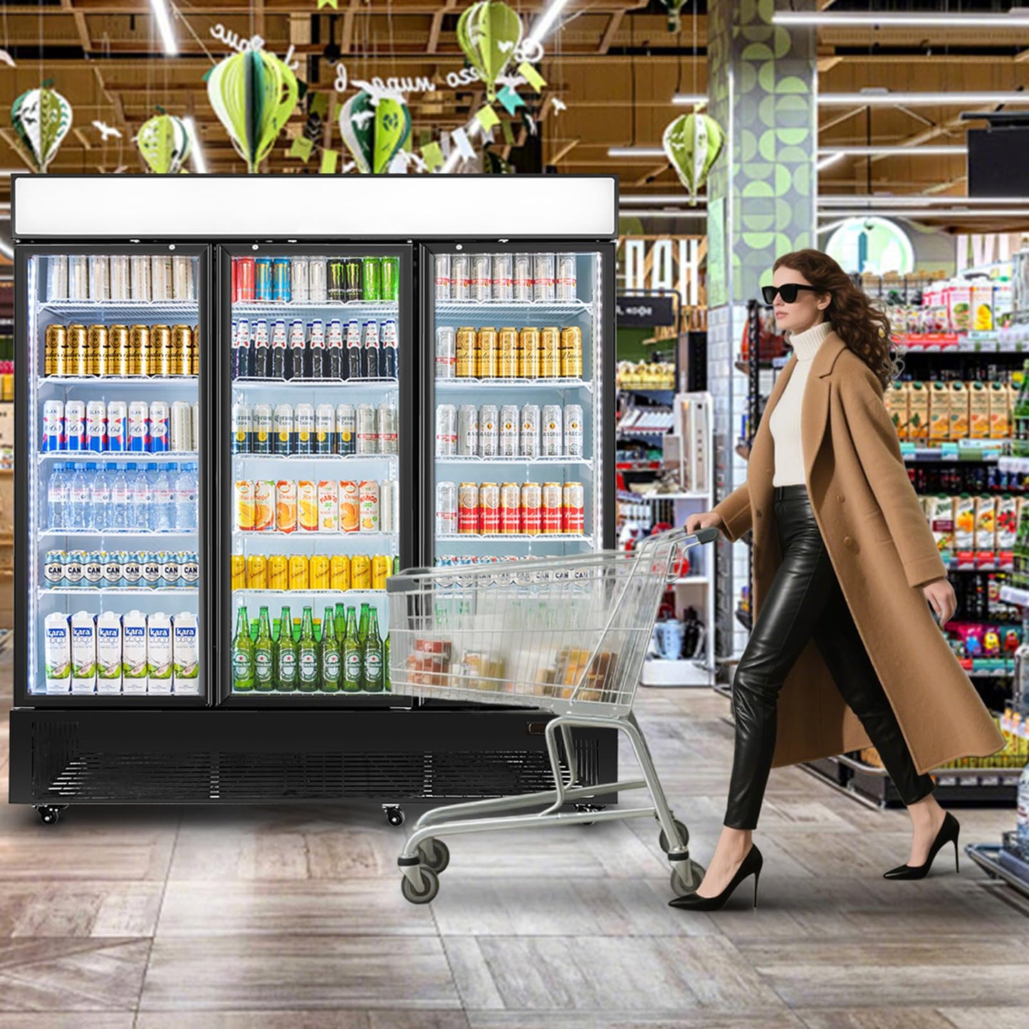 BINGERMA Commercial Beverage Refrigerator with 3 Glass Doors 56 Cu.ft Display Merchandiser Cooler Bar Black Drink Fridge for Convenience Stores, Supermarkets,Bars,Offices