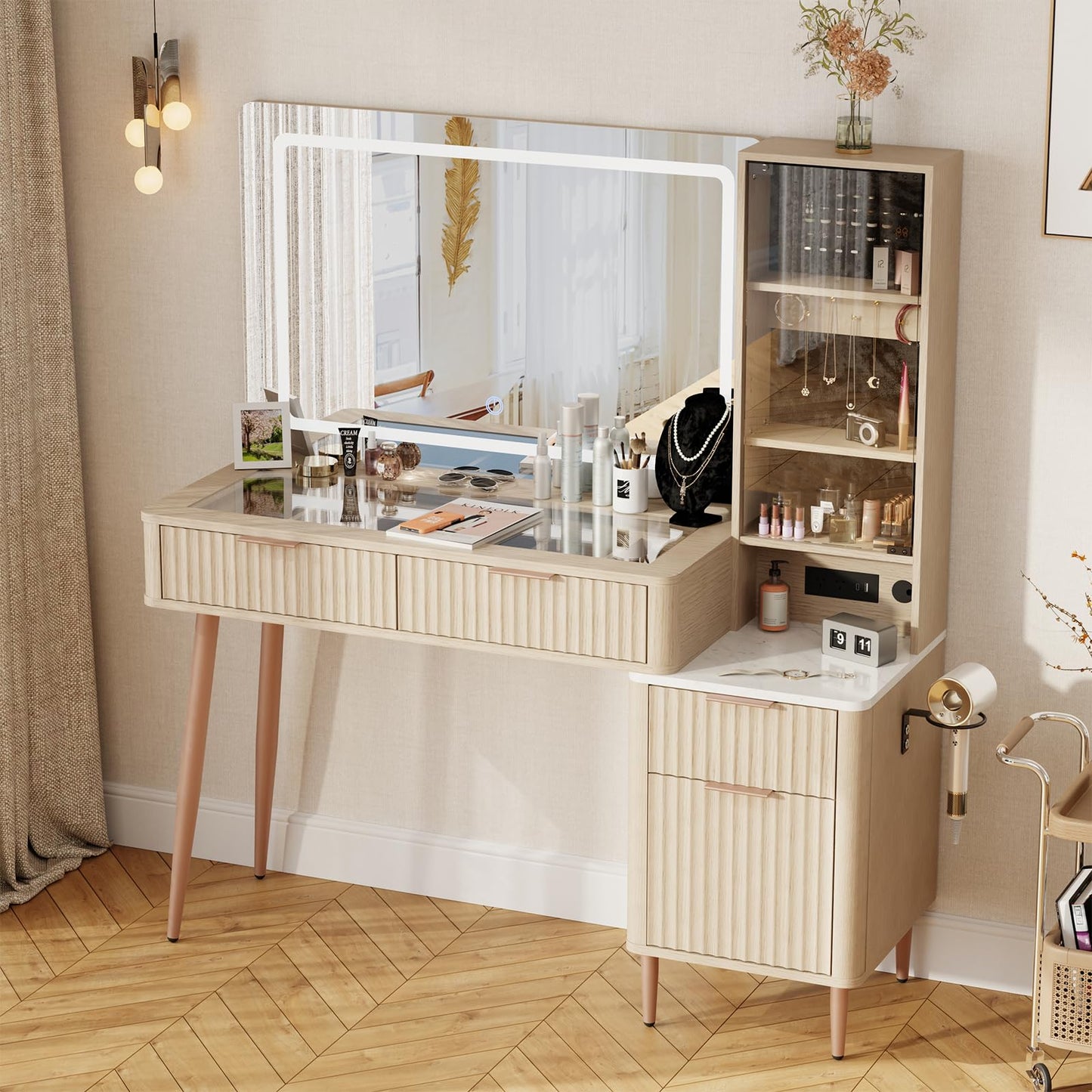 IKALIFE 48" Fluted Makeup Vanity Desk with 36" Mirror and 3 Modes Lights, Glass Top Dressing Table with Jewelry Organizer Cabinet, Storage Cabinet, 3 Drawers, Charging Station for Bedroom, Oak