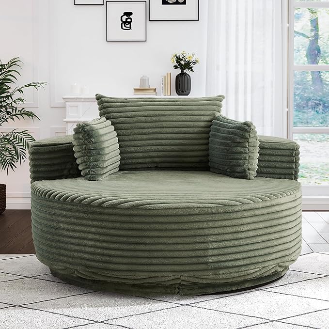 360-Degree Oversized Swivel Chair, Modern Round Circle Corduroy Comfy Deep Seat Swivel Accent Chaise Lounge Sofa Chair with Back Cushion & 2 Throw Pillows for Living Room Bedroom Office, Green