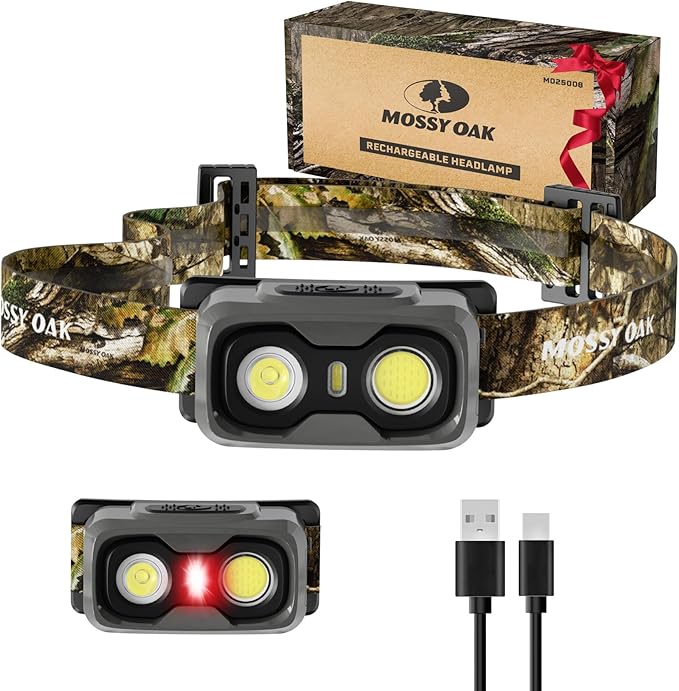 Mossy Oak 600 Lumens Rechargeable Headlamp, Lightweight LED Headlight with White & Red Light, Waterproof Head Lamp with No...