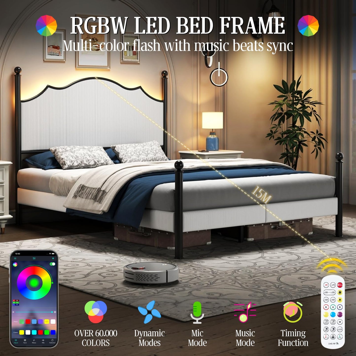 LUXOAK Queen Bed Frame with LED Light & Arch Headboard, Modern Corduroy Upholstered Platform Bed with Metal Poster, No Box Spring Needed/Easy Assembly/Noise Free, White