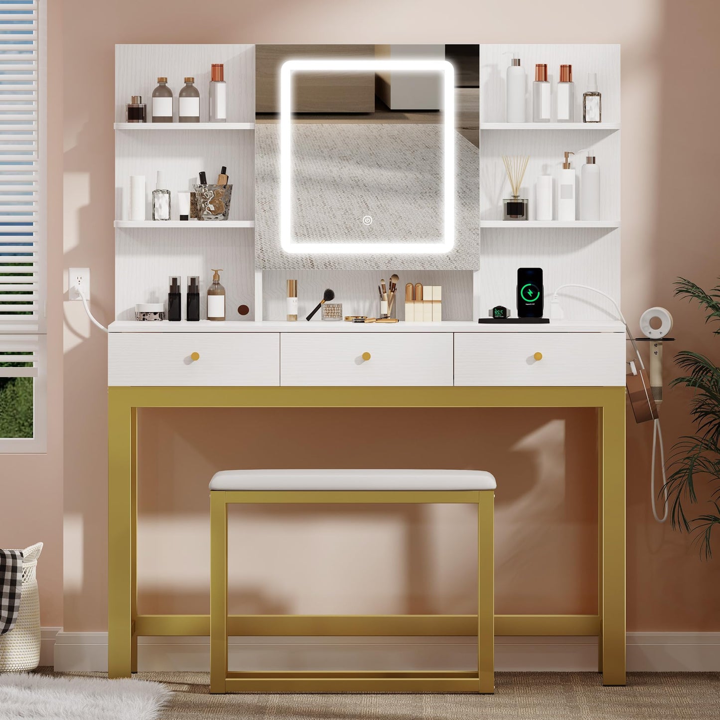 DWVO Vanity Desk with Lights, LED Mirror and Power Outlet, Adjustable 3 Color Lights Modes, Dressing Table with Chair, Makeup Table Set with Hidden Storage Shelves, 3 Drawers, Upgraded, White