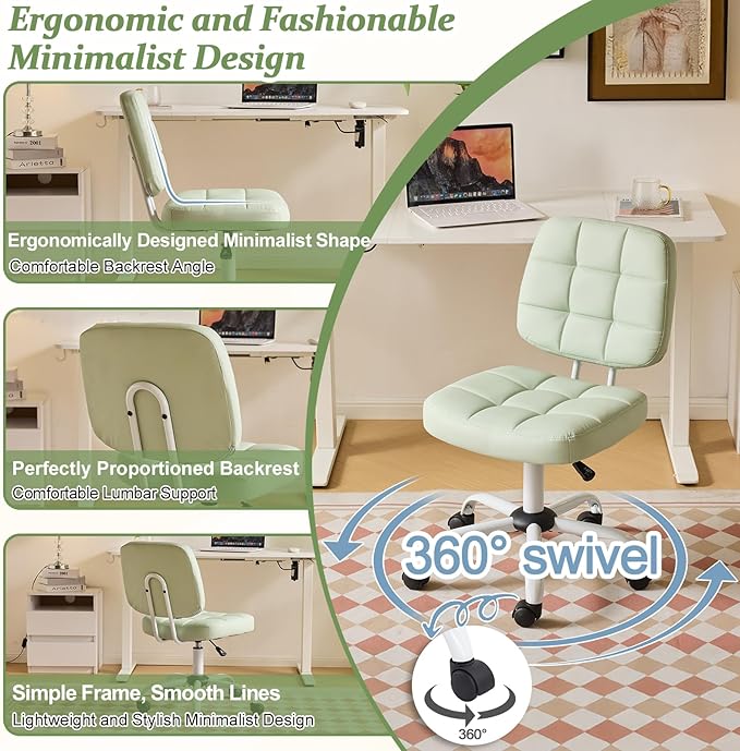 VINGLI Compact Small Desk Chair, Cute Armless Chair with Wheels, Vanity Chair with Low Back, Height Adjustable Task Chair for Small Spaces, Office, Bedroom, Make Up Room, PU Leather, Mint Green