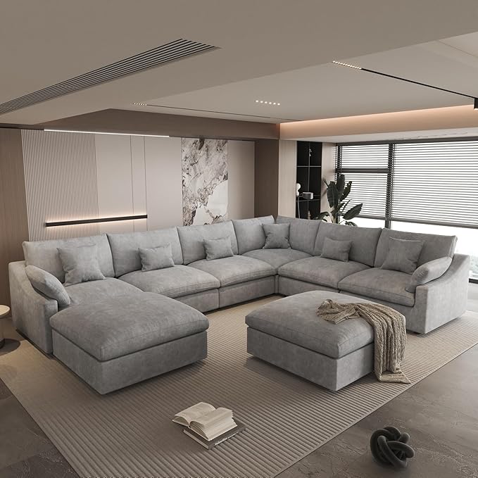 WJShome Cloud Modular Sectional Sofa Couch,156" Oversized U Shaped Sofa with Ottoman,Down Filled 8 Seater Convertible Bed Living Room Set,Covers Washable&Replaceable (Gray)