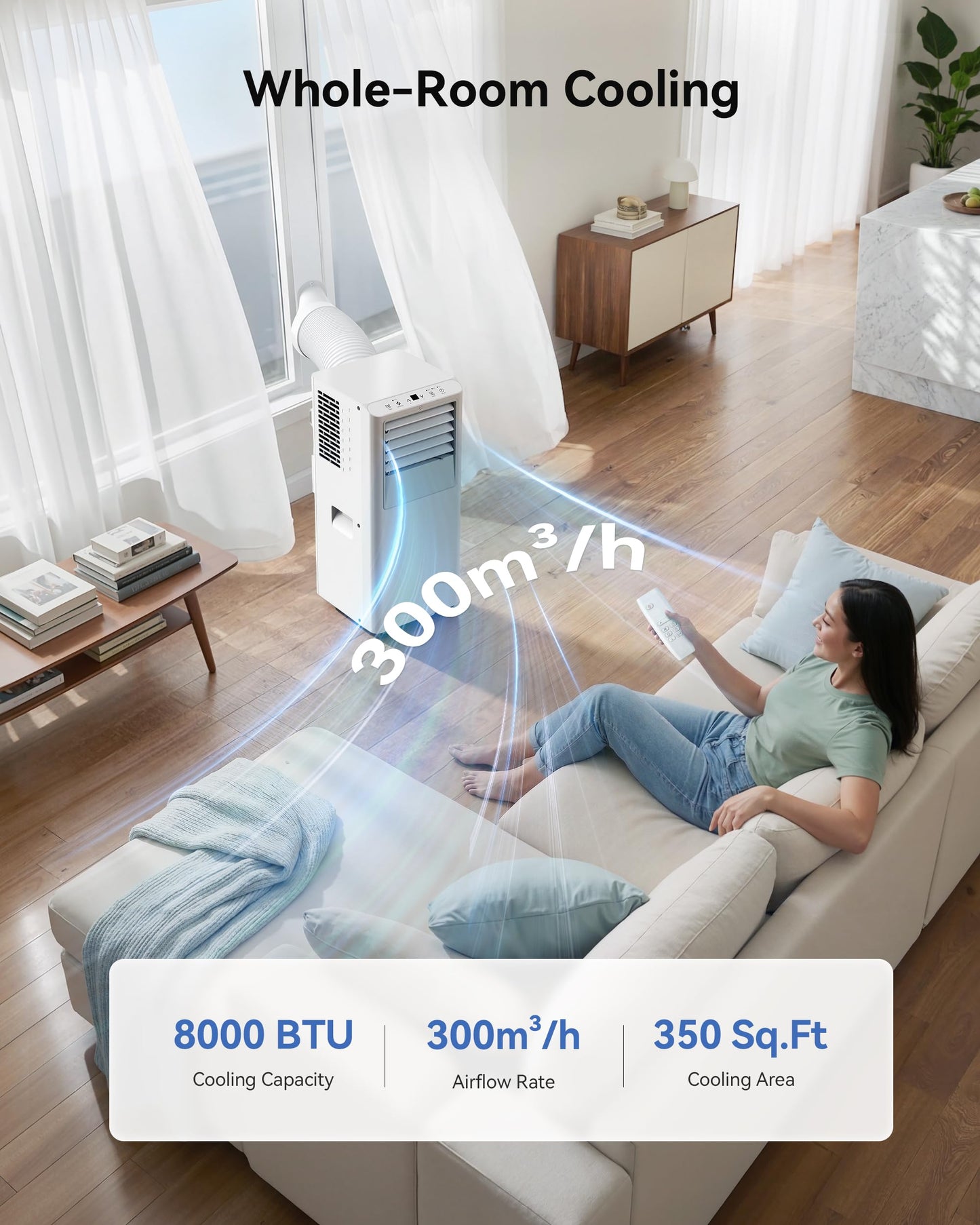 Feelfunn 8,000 BTU Portable Air Conditioner - Cools Up to 350 Sq. Ft., 5-in-1 Portable AC Unit for Rooms with Remote Control, Sleep Mode, 24H Timer, Air Conditioner for Bedroom, Dorm, Apartment