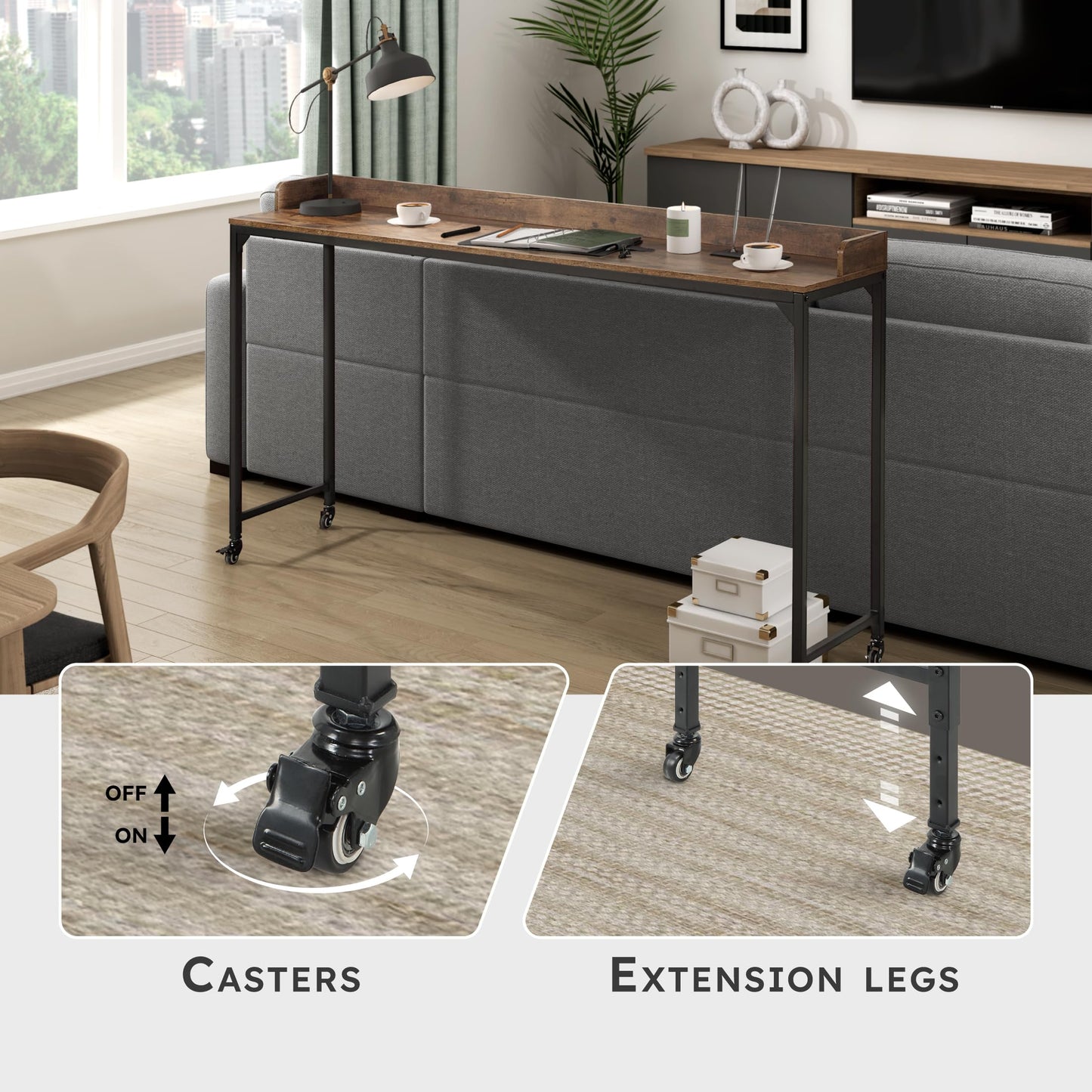 Lexicon Overbed Table with Wheels, Mobile Bed Desk with Metal Leg, 72" W Queen Size Rolling Desk Adjustable Height, Standing Workstation Laptop Desk, Portable Desk, Brown