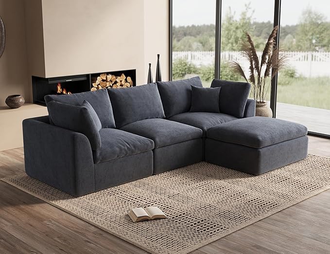 ohllob 110 Inch Cloud Sectional Couches for Living Room, Convertible L Shaped Couch with Ottoman, 3 Seater Modular Sectional Sofa, Grey