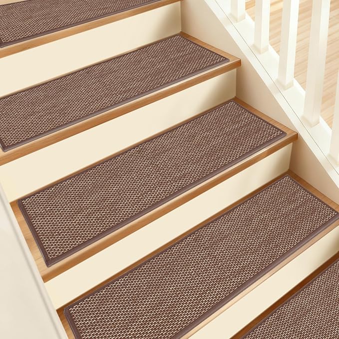 Non-Slip Stair Treads for Wooden Steps Indoor, 4 Pack 8x30in Carpet Stair Treads with Reusable Adhesive, Stair Runners for Wooden Steps Non Slip for Kids Elders and Pets,Machine Washable, Brown Weave