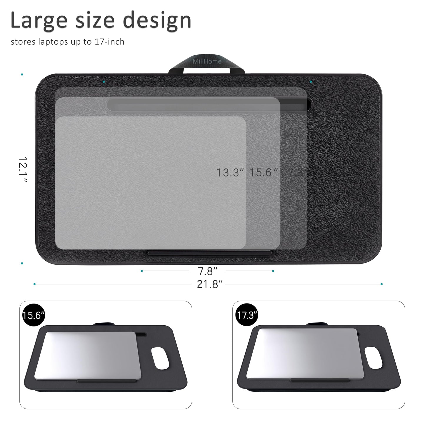 Lap Desk, Lap Desk with Cushion, Fits up to 17 inch Laptop, Pillow Designed, Portable Laptop Stand with Tray, Pad & Phone Holder, Home Office for Bed/Couch/Car/Reading/Writing,MillHome (Black)