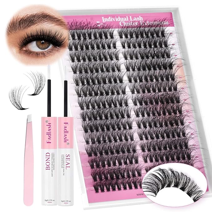 FADLASH Lash Extension Kit Cat Eye Lash Cluster Kit DIY Eyelash Extension Kit with Lash Bond and Seal Lash Tweezers Natural Cluster Eyelash Extensions Kit Individual Lashes (KIT, 40D-07D-12-20mm)