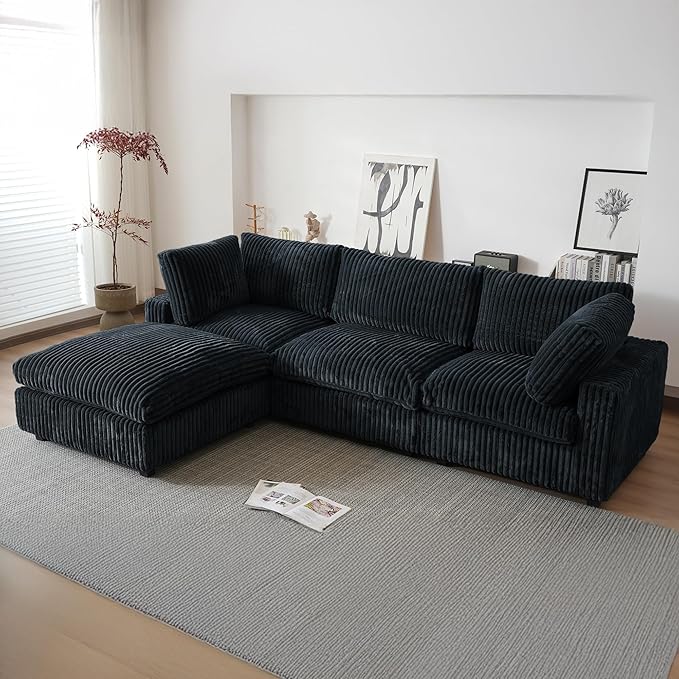 WJShome Cloud Couch Modular Sectional Sofa,118" Oversized L Shaped Sofa with Ottoman,Plush 4 Seater Comfy Couch with Chaise Convertible Couches for Living Room,Covers Washable&Replaceable (Black)