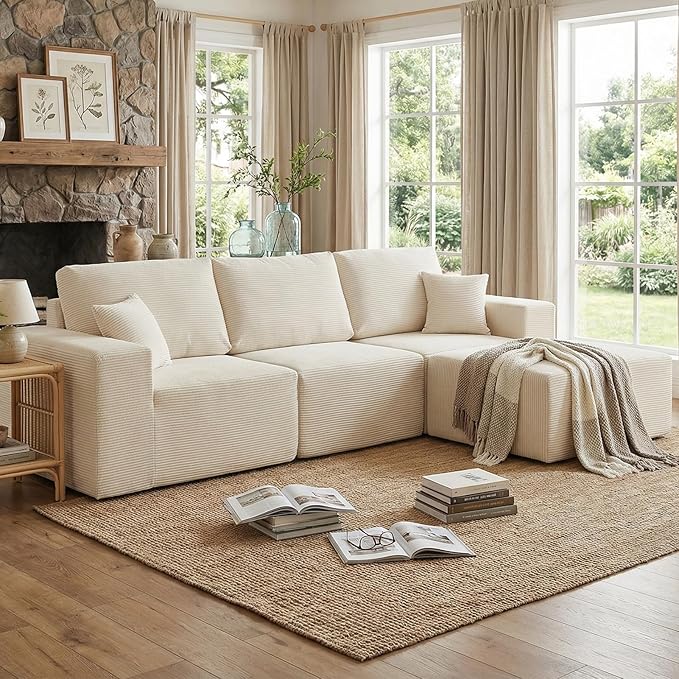 INGEROOM 108" Cloud Sectional Couch with Chaise, Modular L-Shaped Sofa, Deep Seat Comfy Corduroy Memory Foam Couch for Apartments, Dorms or Small Space, No Assembly Required, Beige
