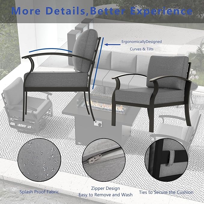 RTDTD Aluminum Outdoor Patio Furniture Set,7 Seats Patio Conversation Sets with Rectangular Coffee Table,Metal Patio Sectional Furniture Set with 2 Swivel Rocking Chairs,Grey