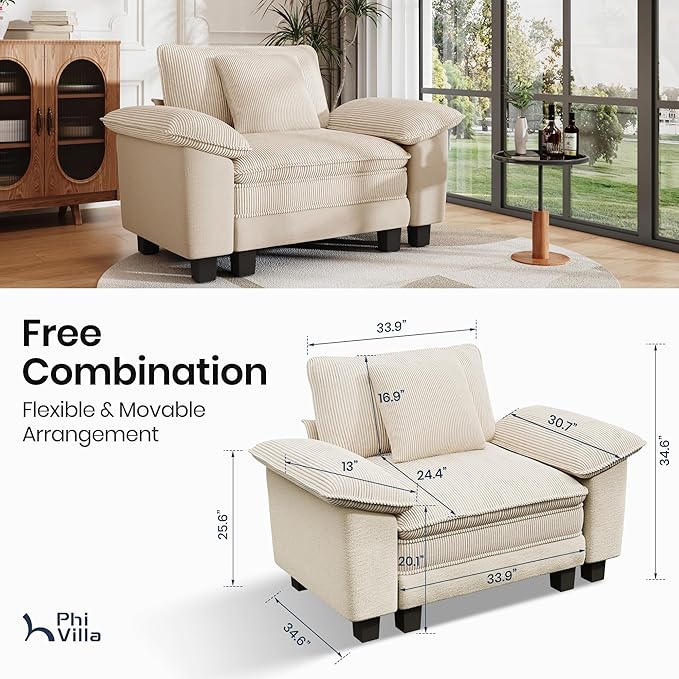 PHI VILLA Cloud Oversized Sectional Sofas, Single Sofa with Deep Seat for Living Room Reading Nook, Chenille Corduroy Dual Fabric, Beige