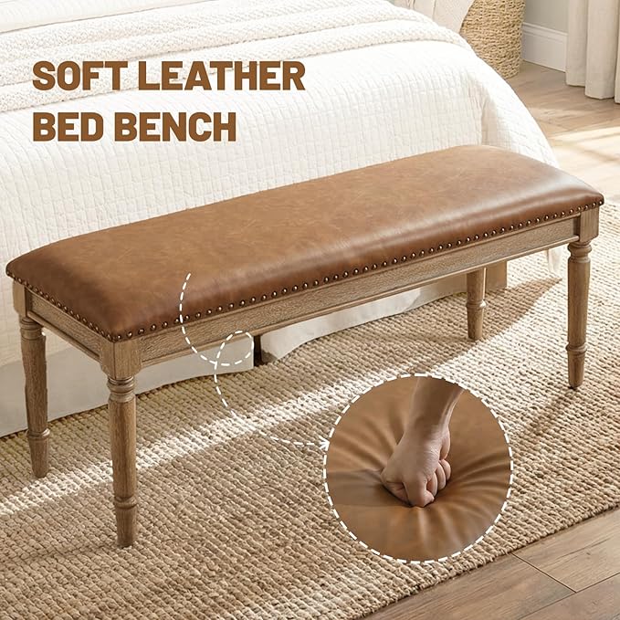 chairus Farmhouse Dining Bench 46" Wooden Entryway Bench with Padded Seat and Nailhead Trim for Kitchen Bedroom,Indoor and Hallway, Brown Leather