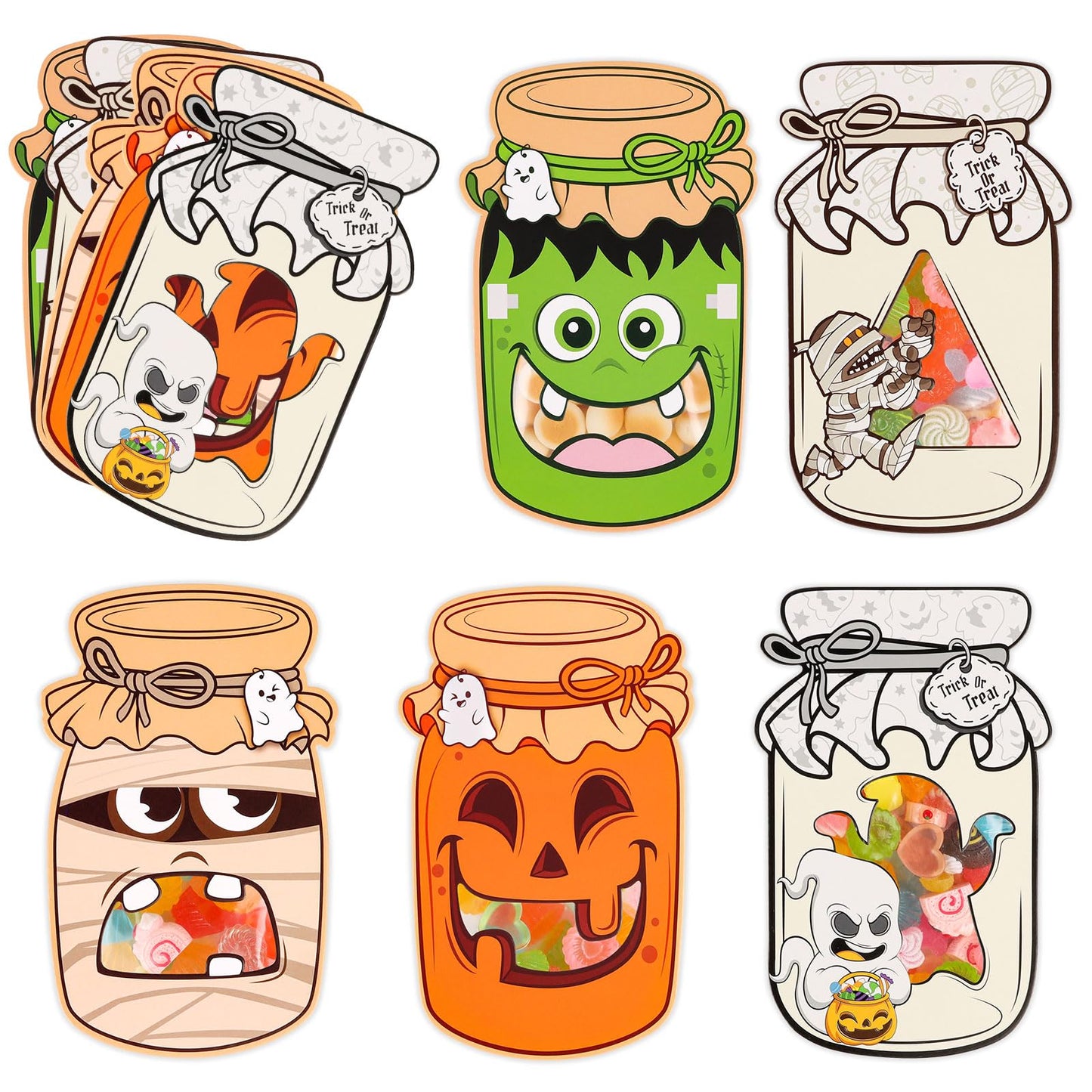 CCINEE Halloween Mason Jar Candy Bags with Cards, 50 Pack Greeting Candy Cards with Clear Treat Bags for Halloween Party Favors DIY Crafts Trick or Treat Classroom Events Exchange Gift Supplies