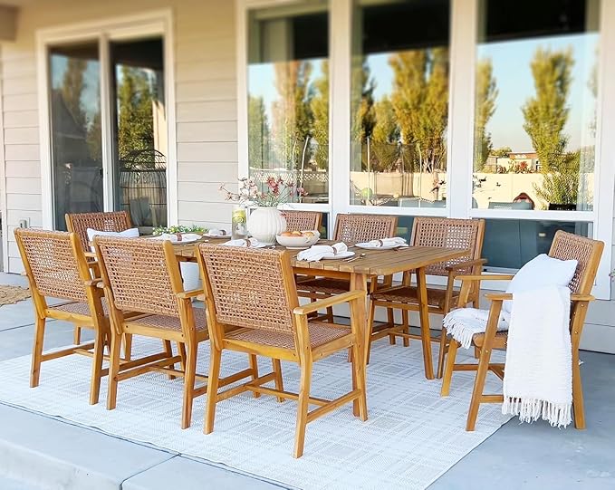 PHI VILLA Outdoor Acacia Wood Dining Chairs Set of 6, Armchairs with Strong Wicker Back & Seat, Farmhouse Style Teak Patio Deck Yard Balcony Garden Furniture