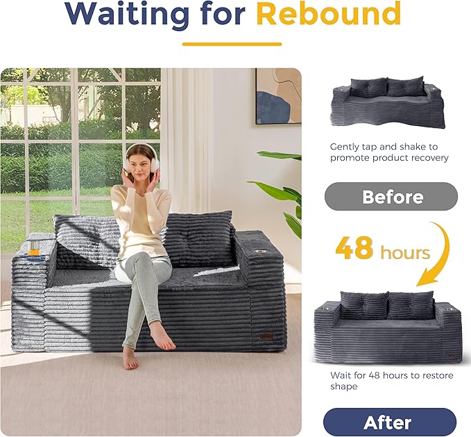 MAXYOYO 63" Boneless Loveseat Sofa Couch for Small Spaces, Mini Love Seat Floor Couch with Cup Holders and Pillows, 2-Seater Upholstered Cloud Couch for Bedroom Apartment, No Assembly Required