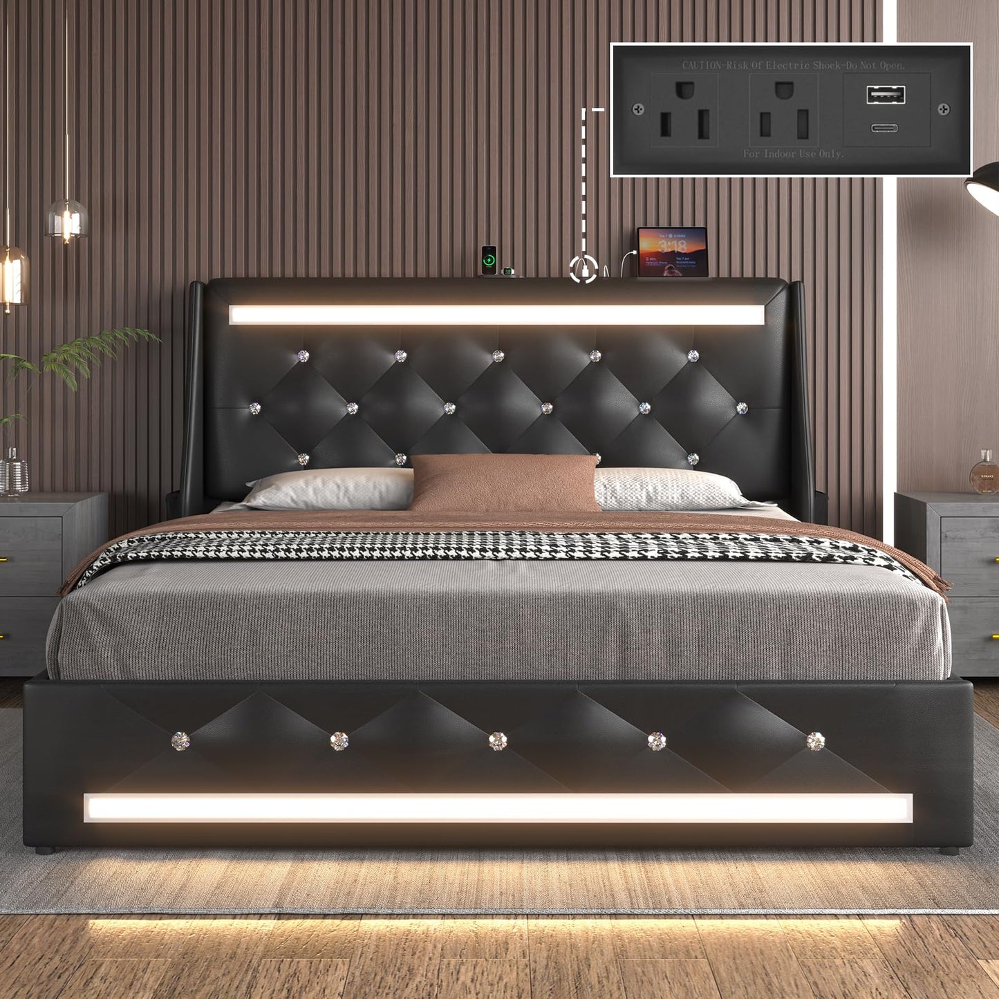 E-Motie Full Size Bed Frame with Wingback Upholstered Diamond Tufted Storage Headboard, LED Lights and Charging Station, Solid Wood Slats, Noise-Free, Easy Assembly, No Box Spring Needed, Black