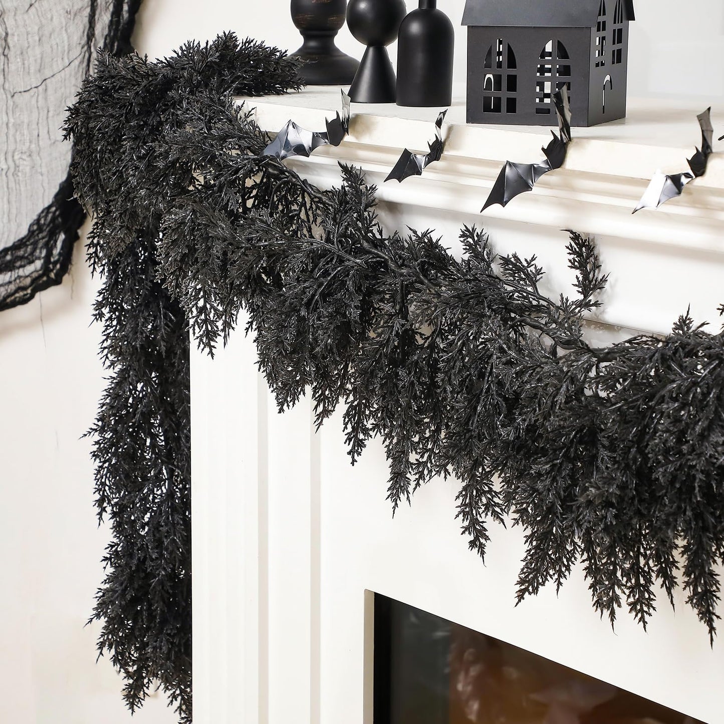 Dingion Black Artificial Cedar Garland - 9 ft Halloween Faux Cedar Pine Hanging Party Decoration Halloween Realistic Garland for Home, Mantle & Fireplace